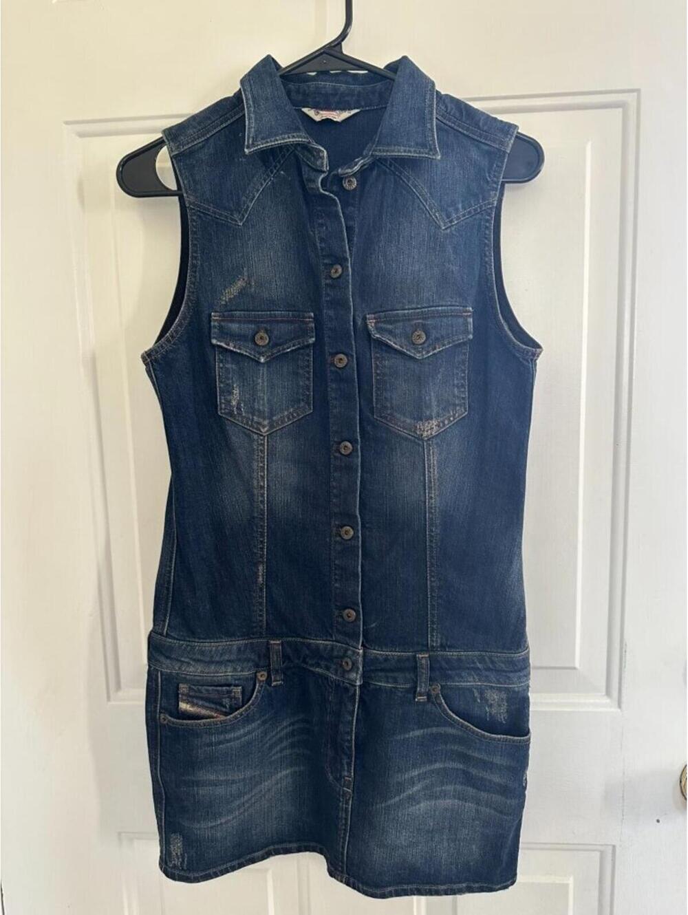 Diesel Denim Dress Sleeveless Button Front Distressed Y2K